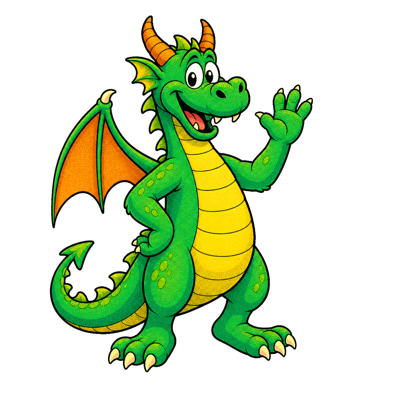 A cheerful green clip-art dragon waving hello